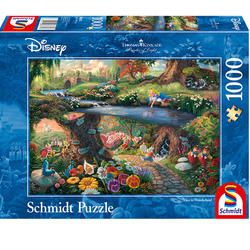 Disney Alice in Wonderland 1000 Piece Jigsaw Puzzle. A beautiful image by Thomas Kinkade of Alice and her kitten leaning over the water drawing shapes with her finger while the wonderland is just below with the white rabbit, mad hatter, Cheshire cat, tweedle dee and many more of your loved Alice in Wonderland characters making a magical jigsaw puzzle for a Disney fan.