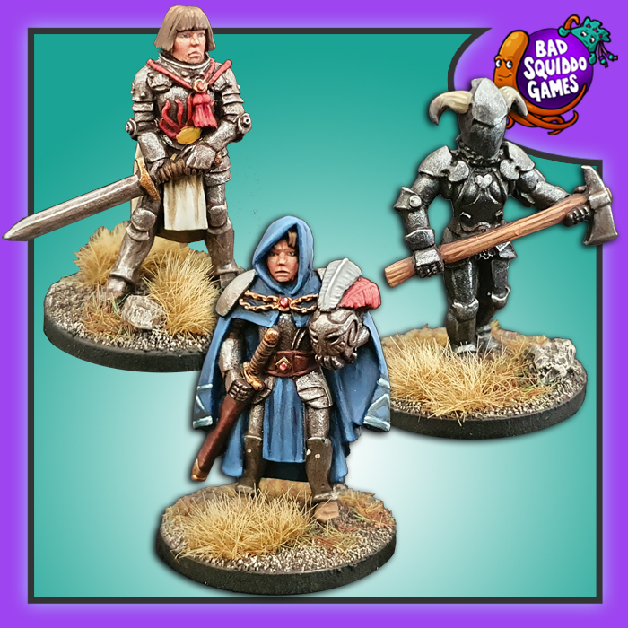 A pack of 3 white metal miniatures depicting female fighters in different dress and stances for your gaming table and RPG needs, two hold swords and one a large axe. From the Bad Squiddo Games range and sculpted by Shane Hoyle.