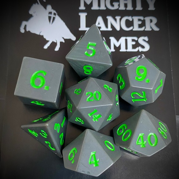 Sharp edge poly dice set for your RPG game in flat slate grey with bright green numbers.. RPG D20 dice set