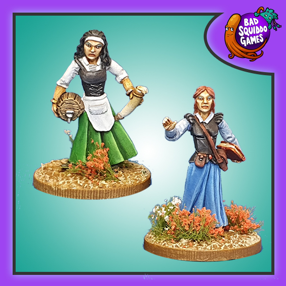 Bad Squiddo Games metal gaming figure. Two female miniatures one carrying books and the other carrying a keg and wearing an apron.