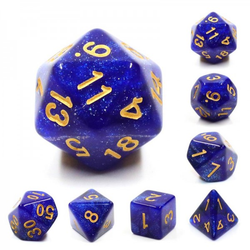 Mythic blue galaxy rpg dice,  blue and dark blue swirling shimmering colour and gold numbers