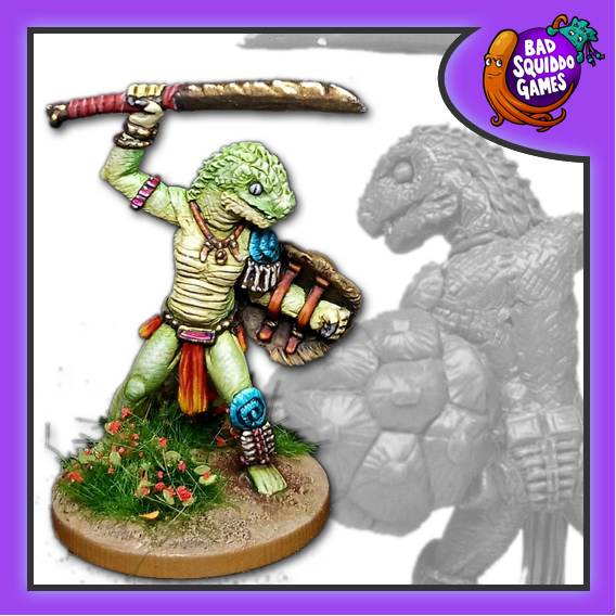 Bad Squiddo gaming miniature snake lady, She holds a shield made from a turtles shell and a sword in the other hand.