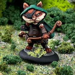 Northumbrian Tin Soldier, Flynn the ranger wears his hood up, an eye patch over one eye and a bow in his hand. Cat miniature 