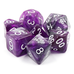 Ore Stone dark crystal purple RPG dice. These beautiful dice have swirling shimmering silver and semi translucent purple colour running through them with the added advantage of easy to read white numbers. 