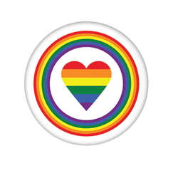 Rainbow Pride Heart Badge- A round white pin badge with rainbow circle and rainbow heart design for your bag, hat, jacket and more. 