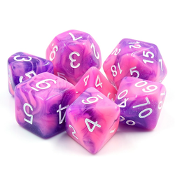 mythic purple whirlwind rpg dice. pink and purple swirling colours, silver glitter and white numbers.