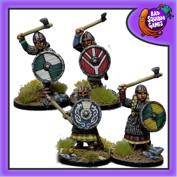 Shieldmaiden Hearthguard with Axes from Bad Squiddo Games contains 4 female metal miniatures for your fantasy wargame or RPG table carrying shields and axes.