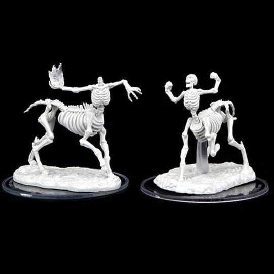Skeletal Centaurs unpainted miniatures by Wizkids as part of their wave 2 Critical Role range for Dungeons and Dragons, a great set of two miniatures for your gaming table of undead centaurs with one holding its own flaming head in its hand.