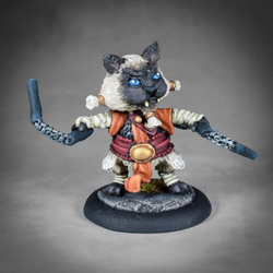 Russo The Monk from the Cats Of Crumptown range by Northumbrian Tin Soldier. This cat monk miniature holds weapons in both paws in a ready to fight stance 