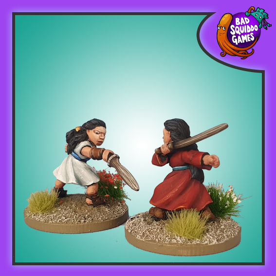Bad Squiddo Games metal miniatures, Two girls practicing sword fighting techniques