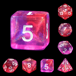 Mystic carbon stars RPG Dice,  dice have pink and purple swirling shimmering colour and gold numbers