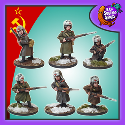 Soviet Winter Riflewomen is a pack of six metal miniature depicting female soviet rifle infantry in winter attire from the women of world war 2 range by Bad Squiddo Games,