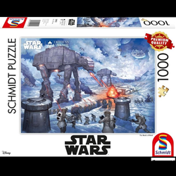 Star Wars The Battle of Hoth 1000 Piece Jigsaw Puzzle. A must have for any Star Wars fan this 1000 piece jigsaw puzzle captures the snowy scenery of Hoth as the battle rages on with the Rebel Alliance against the Empire and the At-At walkers in true Thomas Kinkade style.