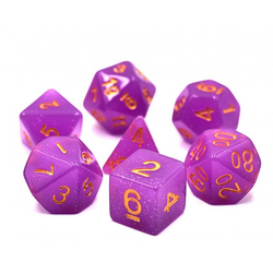 gold numbered magenta dice with silver glitter. RPG dice