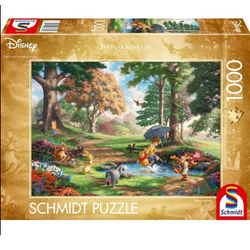 Disney Winnie the Pooh 1000 Piece Jigsaw Puzzle. A whimsical image by Thomas Kinkade of Winnie The Pooh and Christopher Robin splashing in a puddle with Tigger, Piglet, Rabbit, Eeyore, Owl, Kanga and Roo all looking on enjoying the fun in the 100 Acre Wood