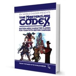 The Masterclass Codex 16 New Character Classes For RPG 5E. Blue and white book with RPG characters on the front