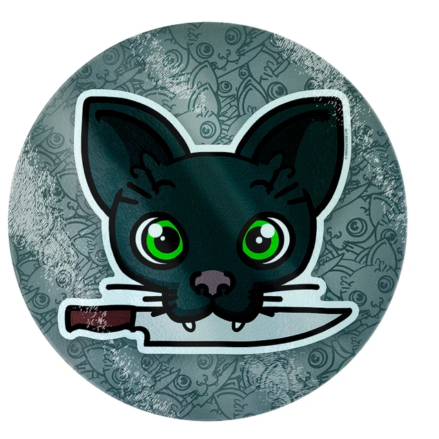 chopping board features a black cats head with green eyes holding a knife in its mouth.