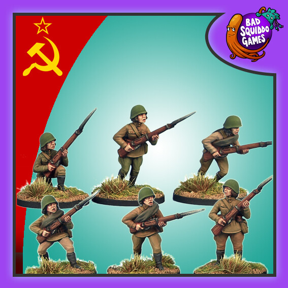Female Soviet Infantry With Rifles from bad squiddo games. This image has the soviet flag in one corner and the bad squido logo in the other and shows the 6 members of the unit painted and holding their rifles.