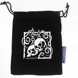 A black suede dice bag with silver skull, chains and vine motif on the front