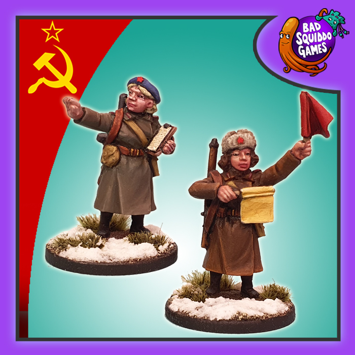 Soviet Traffic Control is a pack of two metal miniatures for your wargaming table depicting female controllers in winter attire, one hold a clipboard and the other flags from the Women of WW2 range by Bad Squiddo Games.