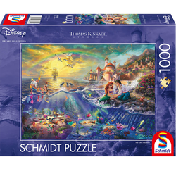 Disney The Little Mermaid 1000 Piece Jigsaw Puzzle. A beautiful image by Thomas Kinkade of Eric and Ariel with many of your favourite Little Mermaid characters in the background including flounder,  Sebastian, King Triton, Scuttle, Max and even Ursula in the depths of the sea with companions Flotsam and Jetsam making this a wonderful puzzle for any Disney fan.