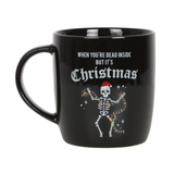 When You're Dead Inside But It's Christmas Mug - Merry Cryptmas. Black mug with a skeleton holding Christmas lights