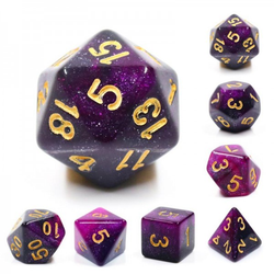 Mythic purple galaxy rpg dice, dice have purple and black swirling colours with easy to gold numbers. 