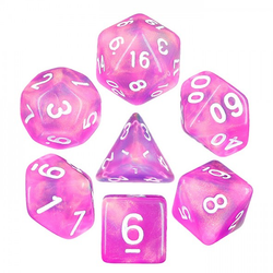 Mythic dream in bloom rpg dice. shimmering dice have pink swirling colour and white numbers