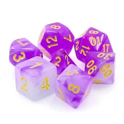 A set of semi translucent soapstone purple dice with gold numbers for use with D&D or the d20 open game system.