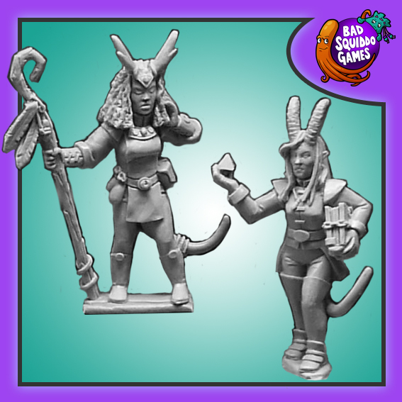 Tiefling Spellcasters by Bad Squiddo Games is a pack of two metal miniatures depicting female spellcasters from the Tiefling race, one holds a staff and the other books.