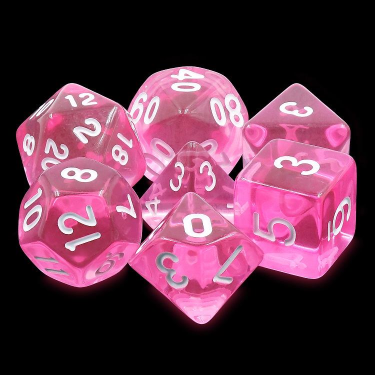 A set of Magenta Pink dice for use with D&D or the d20 open game system. These light pink dice have white numbers and a semi translucent look