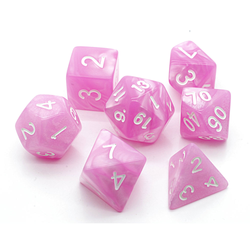A set of soft baby pink Pearl dice with white numbers