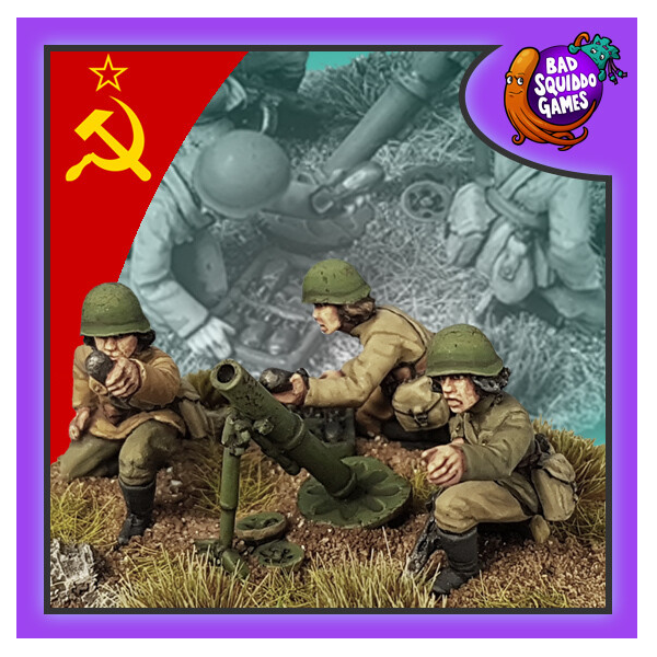 Female Soviet 82mm mortar crew from bad squiddo games. This image has the soviet flag in one corner and the bad squido logo in the other. this pack of 3 metal miniatures contains a M1941 82mm mortar and three female crew
