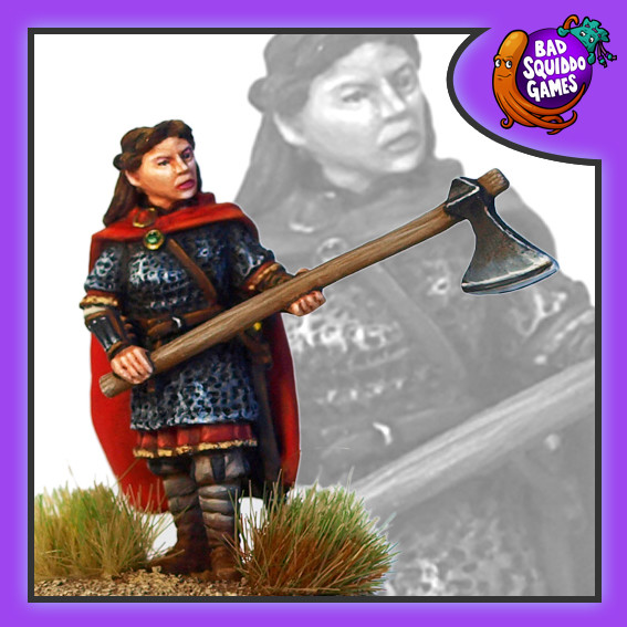 Brynhildr, Shieldmaiden Champion from Bad Squiddo Games holding an axe in her hands.