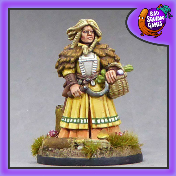 Hulda Herbalist by Bad Squiddo Games. a female in yellow clothes carrying a basket