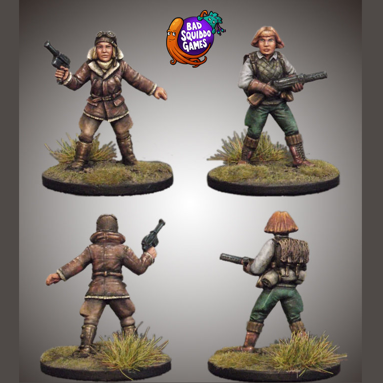 bad squiddo gaming miniatures, these ladies are holding their weapons ready in an alert stance.