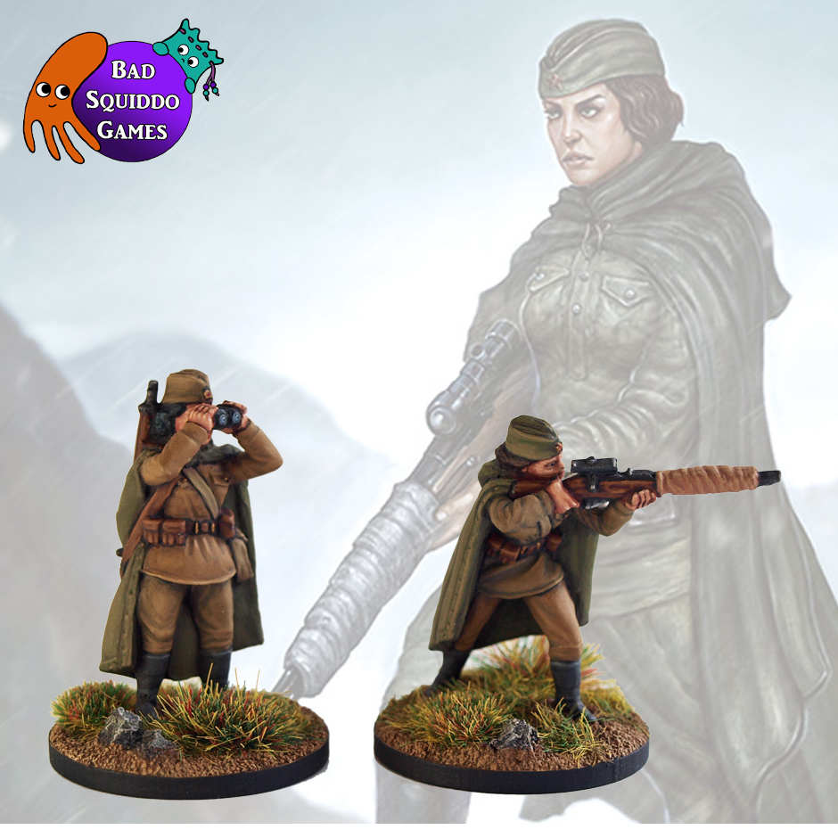 Female Soviet Sniper Team in a Standing stance by Bad Squiddo Games, one holds binoculars and one is ready with her rifle.