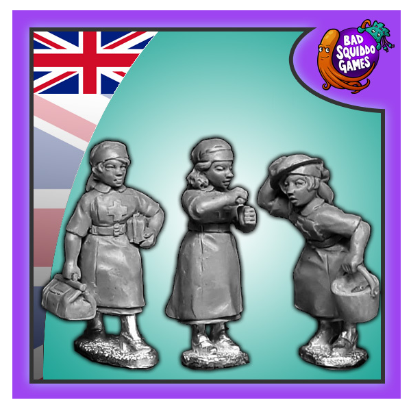Bad squiddo gaming miniatures, this image has a purple boarder, the united kingdom flag in the top left and the bad squiddo logo in the top right. Red Cross Nurses. Three ladies, in curses uniforms one pouring medicine, one with a medical bag and one with a bucket. Unpainted shown grey