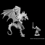 Reaper miniatures bones 5 gaming figure. dragon is in a fighting pose with its mouth open, wings up and in a tall position standing on its back legs and knight 