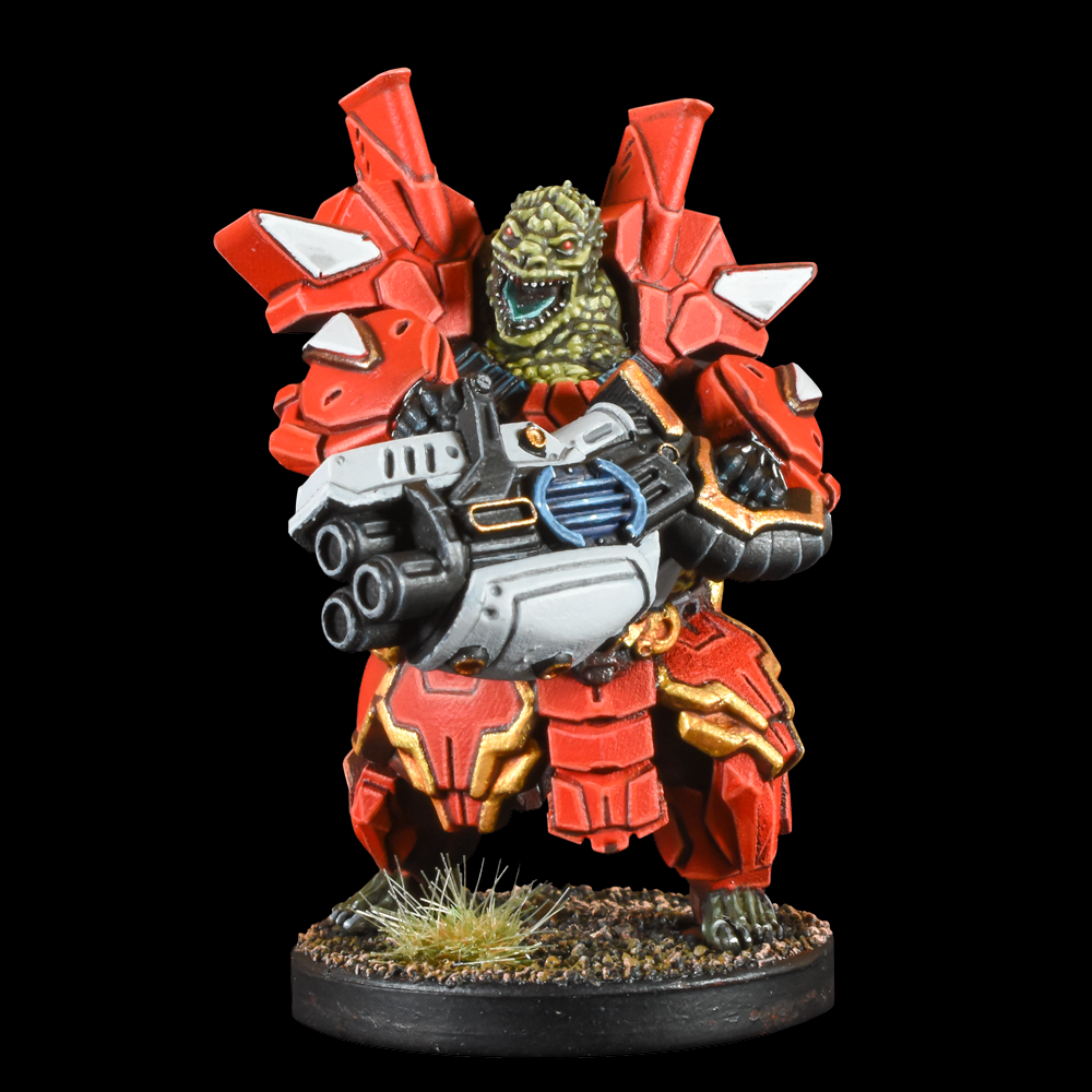 Deadzone Asterian Matsudan Booster - MGDZA104 by Mantic Games. armoured lizard men miniatures in red