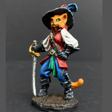 Hand painted debonair cat from the Reaper Miniatures range. Mrs MLG has painted this catfolk cavalier as a ginger cat with a blue, green and red colour scheme clothing having black hat, boots and gloves. 