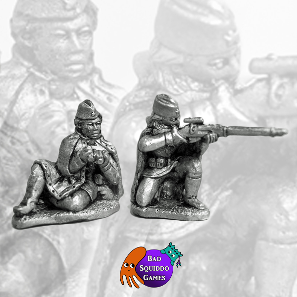 Female Soviet Sniper Team in a Kneeling position by Bad Squiddo Games. unpainted metal gaming miniatures. Bad Squiddo logo at the bottome