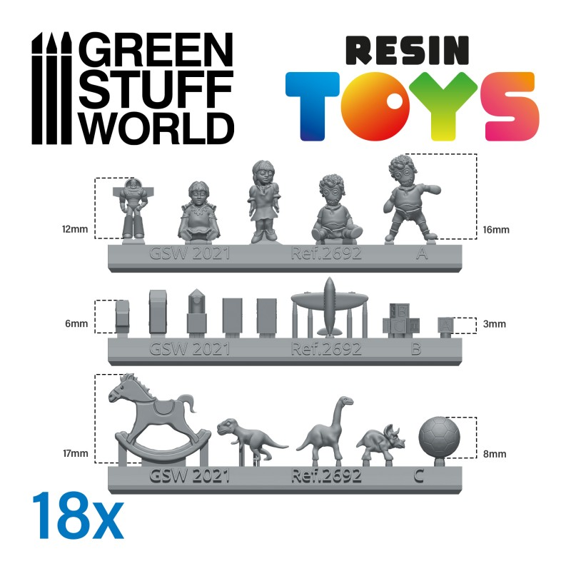Children's toys in resin from Green Stuff World., Carefully design to imitate children's toys of different sizes and eras including dolls, dinosaurs, football and even a buzz lightyear style spaceman.