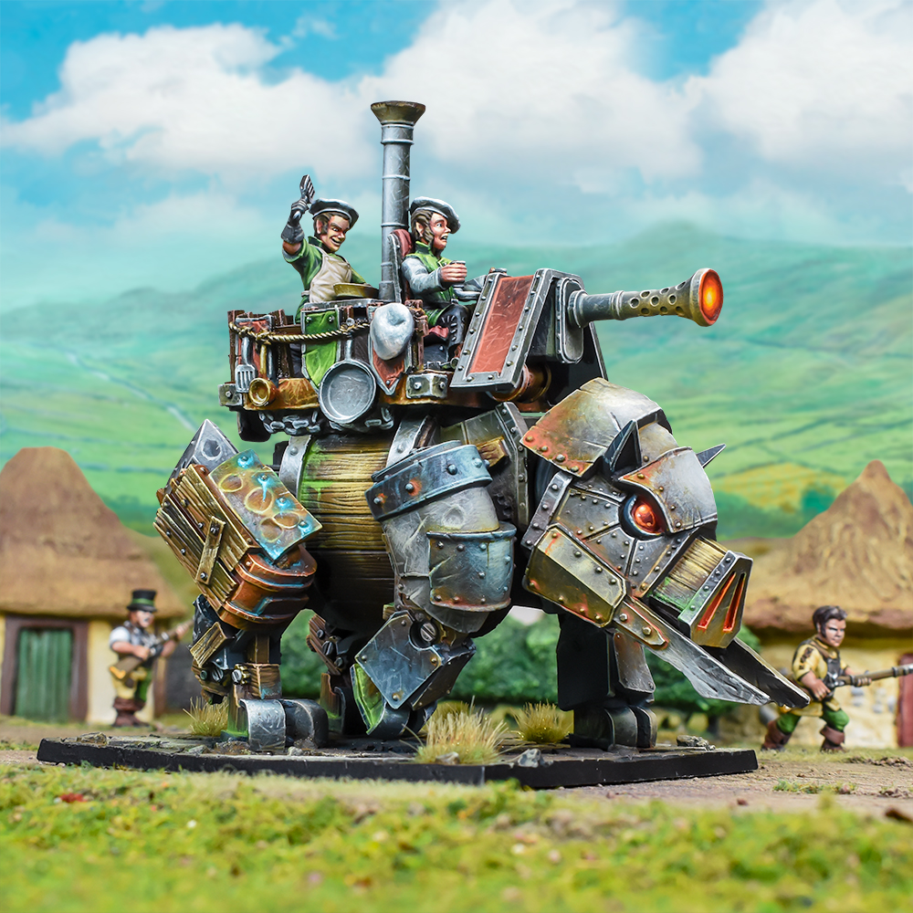 our legged creation powered by steam and driven from a small cabin on the back with the added advantage of guns and piercing tusks.. A Gaming figure from Mantic Games for Kings Of War