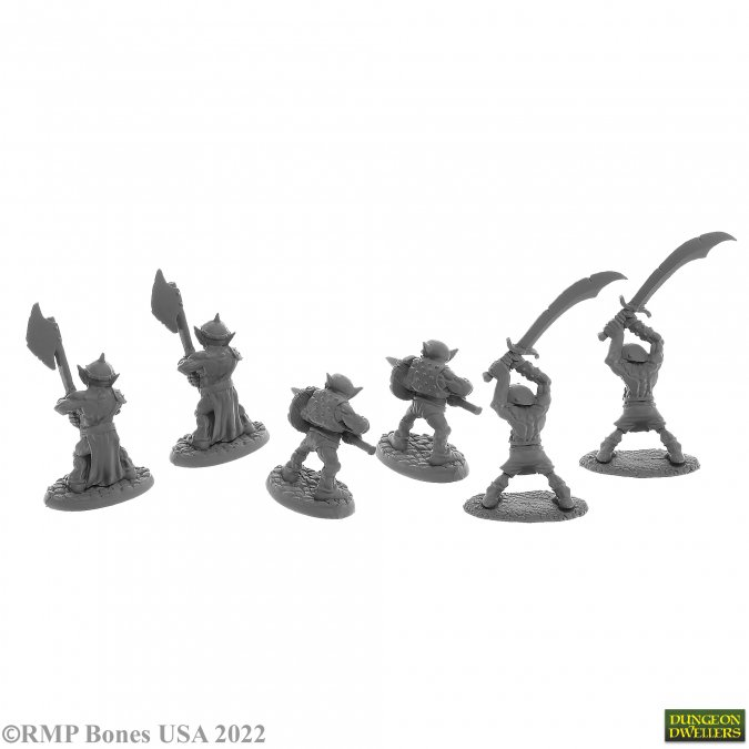A pack of 6 Goblin Warriors from the Bones USA Dungeons Dwellers range by Reaper Miniatures sculpted by Bobby Jackson. This pack contains six goblins two holding swords, two with spears and two with an axe for your gaming table, diorama or RPG adventure.
