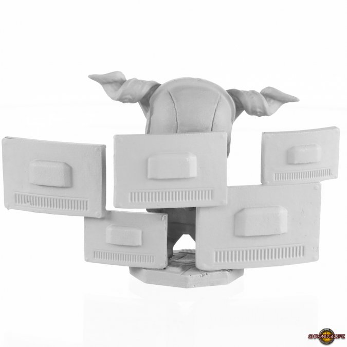 Grimm from the Chronoscope metal range by Reaper Miniatures sculpted by Gene Van Horne is a wonderful creature of a skeletal creature full of attitude wearing a hoodie with its arms crossed in front of its chest stood in front of TV or computer monitor screens making a great chibi style monster hacker for your RPG, Sci Fi ship commander on your table top or a great gift for an IT specialist friend.