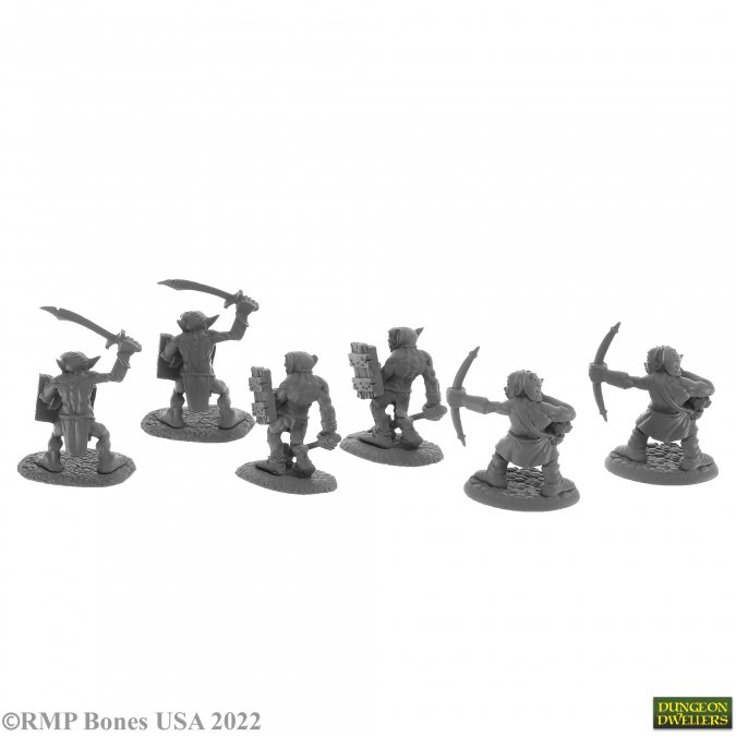 A pack of 6 Goblin Skirmishers from the Bones USA Dungeons Dwellers range by Reaper Miniatures sculpted by Bobby Jackson. This pack contains six goblins two holding swords, two with a mace and two with a bow for your gaming table, diorama or RPG adventure.