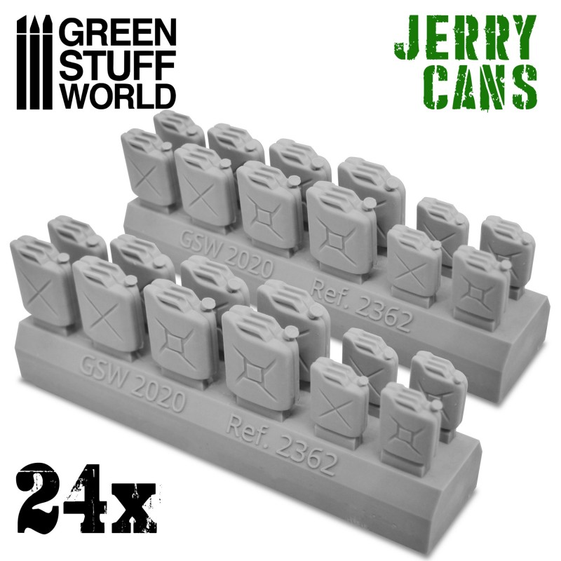 Resin jerry cans by Green Stuff World in various styles which could be used to represent gas cannisters or fuel cans