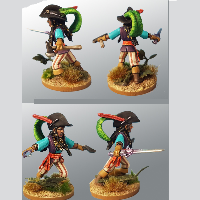 Eva the Pirate Queen holds a hilted sword in one hand and an axe in the other, with a large hat with an even larger feather. Shown from all angles