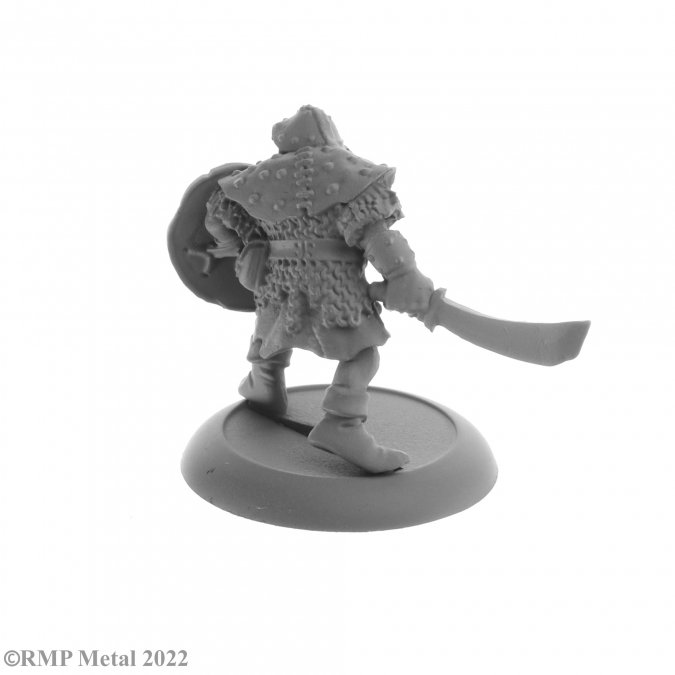 Orc Fighter from the Dark Heaven Legends metal range by Reaper Miniatures sculpted by Bobby Jackson. A great orc fantasy miniature for your RPG adventure with a sword in one hand and a round shield in the other.